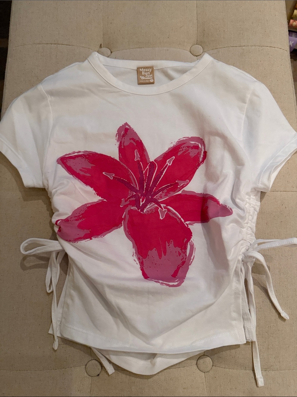 Messy Buns White Tee with Pink Floral Side-Tie Detail